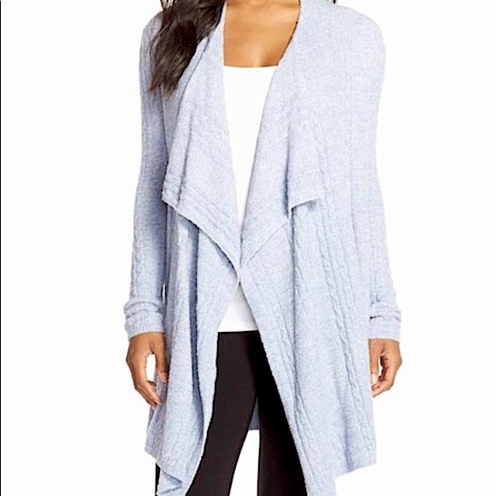 *Barefoot Dreams Cozy Chic Ivory Cable Knit Asymmetrical Open Front Cardigan - Picture 2 of 16